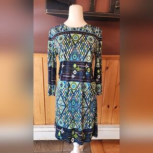 SALE Tory Burch 100% Silk Multi Dress Geometric Blue Green Size 8